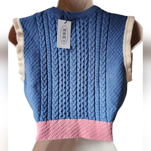 Cider Crop Sweater Vest Ruffle Pom Pom Cable Knit BOHO Blue Pink Orange LG NWT - Picture 8 of 14